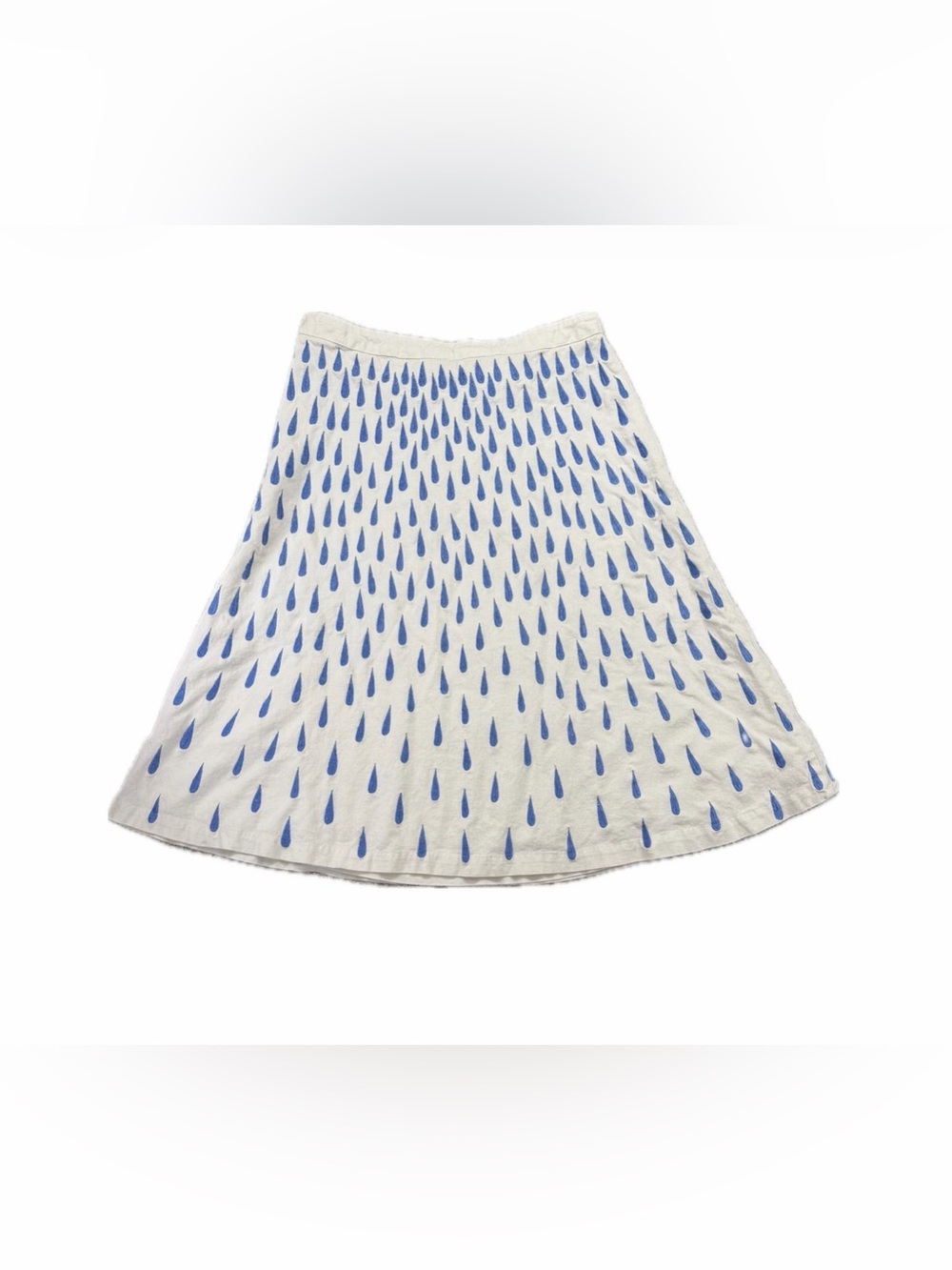 Vintage Anthropologie Snak White/Blue Rain Embroidered Cotton/Flax Midi Skirt 6